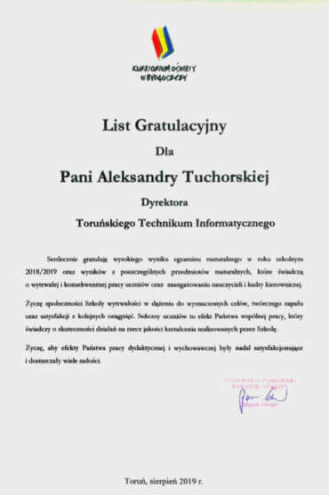 List gratulacyjny Toruńskie Technikum Informatyczne- matura 2019!